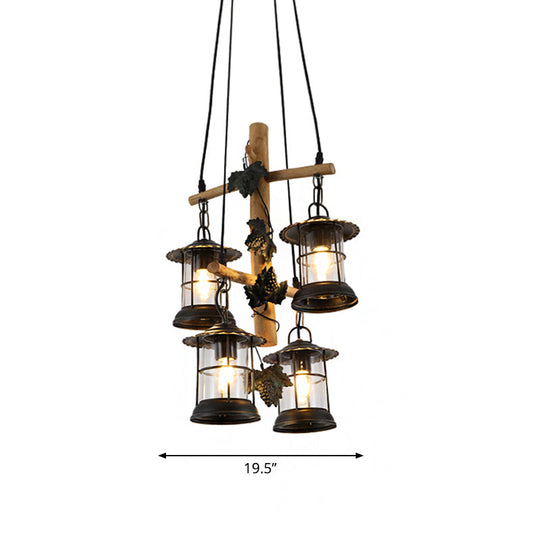 Adjustable Industrial Lantern Ceiling Light - 3/4 Lights, Clear Glass, Black Finish