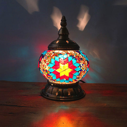 Traditional Red/Orange/Light Blue Stained Glass Nightstand Lamp For Bedroom Rose Red