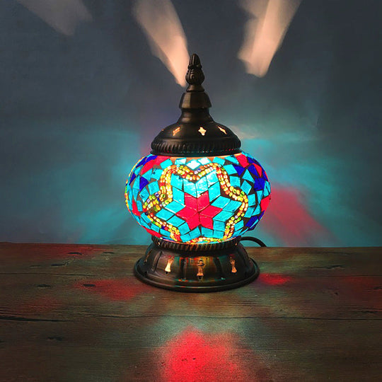 Traditional Red/Orange/Light Blue Stained Glass Nightstand Lamp For Bedroom Light
