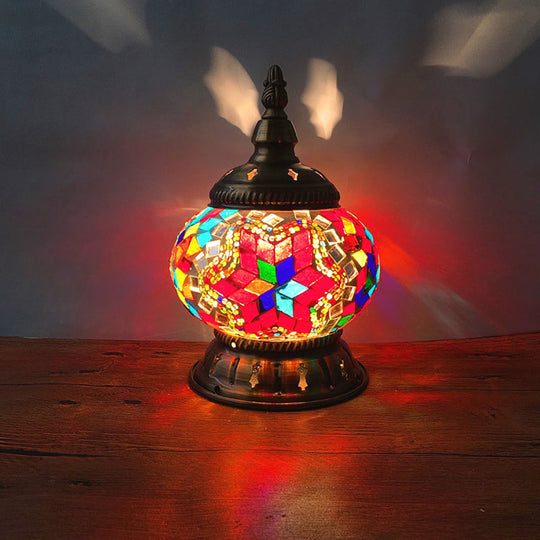 Traditional Red/Orange/Light Blue Stained Glass Nightstand Lamp For Bedroom Red