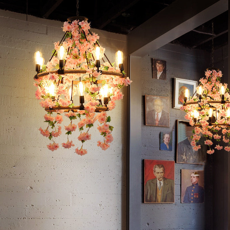 Industrial Metal Pendant Chandelier With Pink Flower Decoration - 6/8/14 Head Design For Restaurant