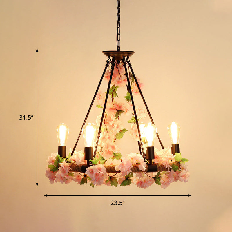 Industrial Metal Pendant Chandelier with Flower Decoration - 6/8/14-Head Pink Ceiling Light