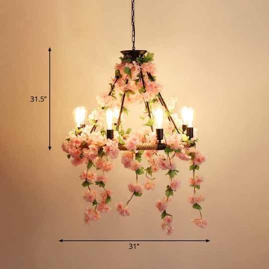 Industrial Metal Pendant Chandelier With Pink Flower Decoration - 6/8/14 Head Design For Restaurant
