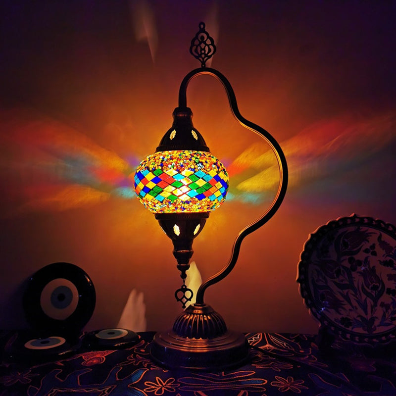 Art Deco Stained Glass Night Lamp - Curvy Arm 1 Bulb Bedroom Nightstand Lighting (Red/Yellow/Orange)