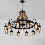 Vintage Black Metal Cage Chandelier With Rope Suspension - 7/9 Heads | Wagon Wheel Design 13 /
