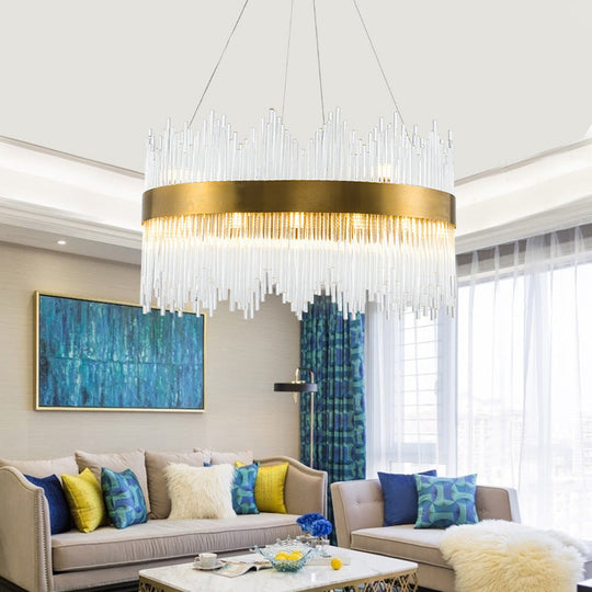 Led Crystal Rod Suspension Brass Chandelier Light With Waterfall Design - 25.5/31.5 Diameter / 31.5