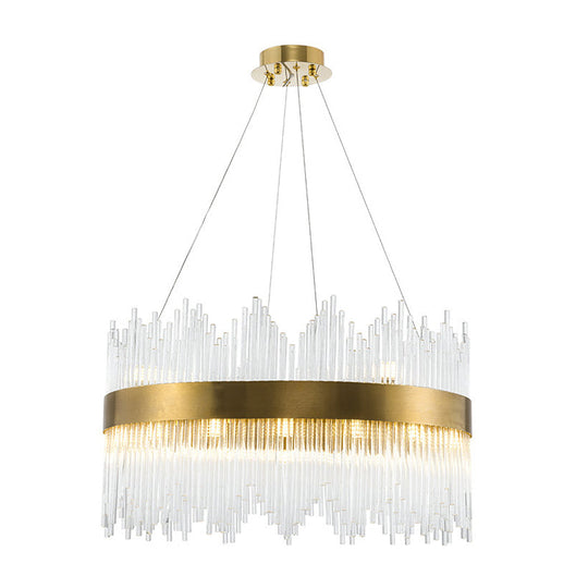 LED Brass Chandelier Light Fixture - Round Crystal Rod Suspension, Waterfall Design - 25.5"/31.5