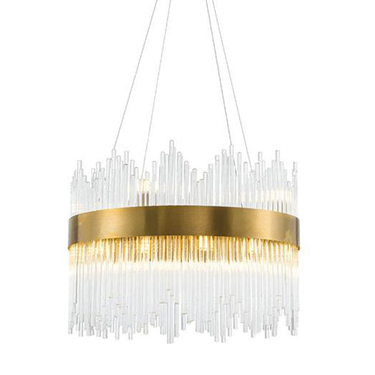 LED Brass Chandelier Light Fixture - Round Crystal Rod Suspension, Waterfall Design - 25.5"/31.5