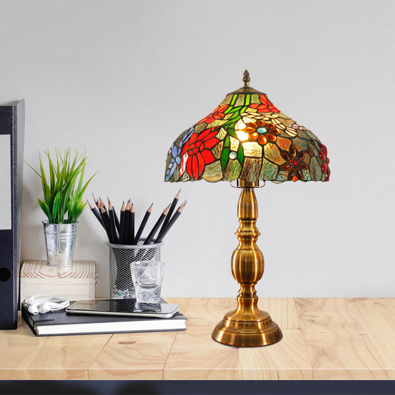 Traditional Cut Glass Bowl Task Lighting: Brass Night Table Light With Floral Bird Pattern