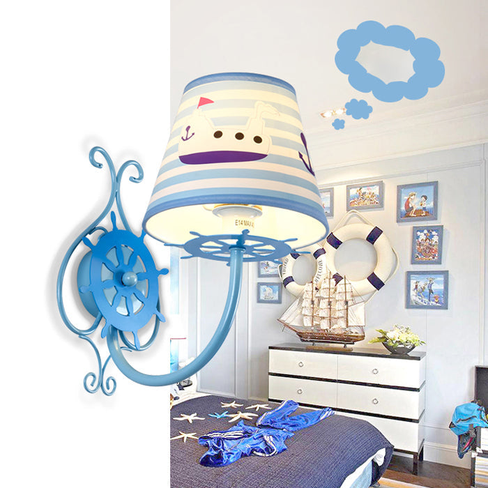 Nautical Ship Wall Light With Rudder | Blue 1-Bulb Sconce For Kids Bedroom