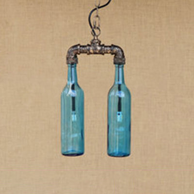 Farmhouse 2-Light Chandelier Pendant With Amber/Blue Glass Shade And Pipe Design Blue