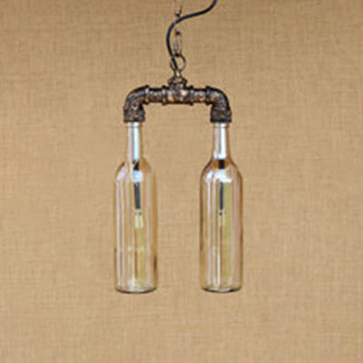 Farmhouse 2-Light Chandelier Pendant with Amber/Blue Glass Shades and Pipe Design