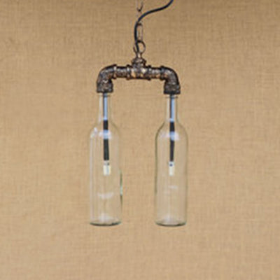 Farmhouse 2-Light Chandelier Pendant With Amber/Blue Glass Shade And Pipe Design