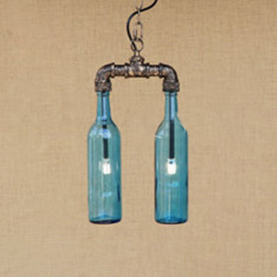Farmhouse 2-Light Chandelier Pendant With Amber/Blue Glass Shade And Pipe Design