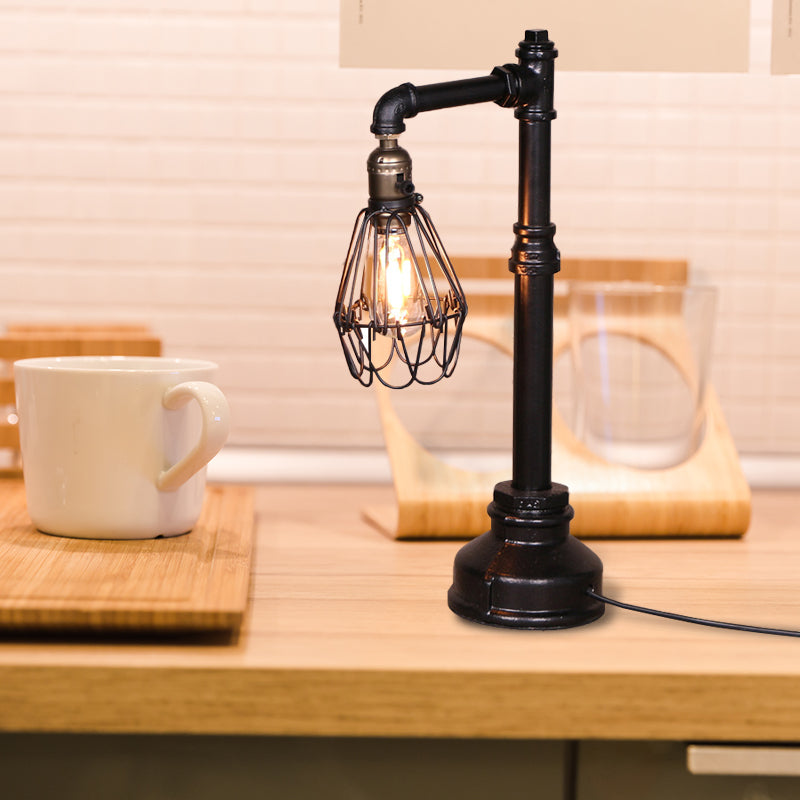 Rustic Wire Frame Table Lamp With Stylish Plumbing Pipe - Black Finish