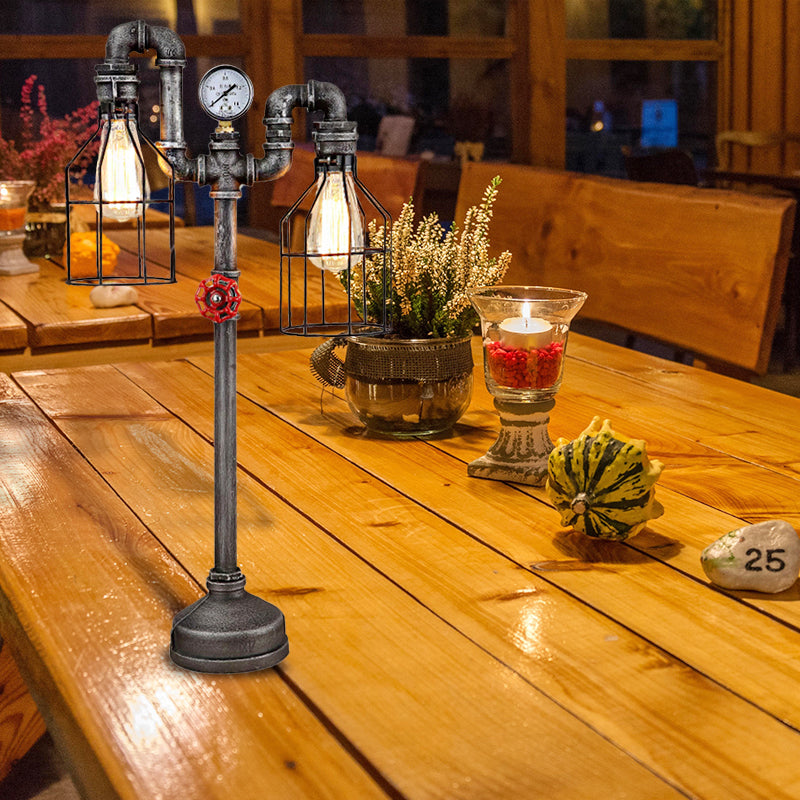 Industrial Wire Guard Table Light With 2 Gauge And Valve Lights - Wrought Iron Standing Lamp In