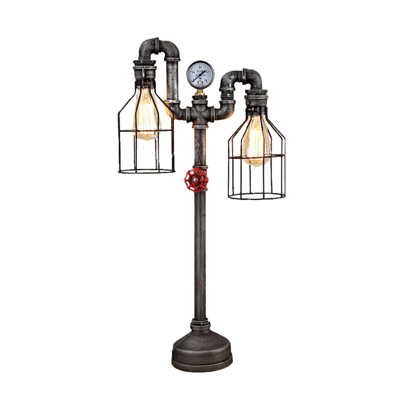 Industrial Wire Guard Table Light With 2 Gauge And Valve Lights - Wrought Iron Standing Lamp In