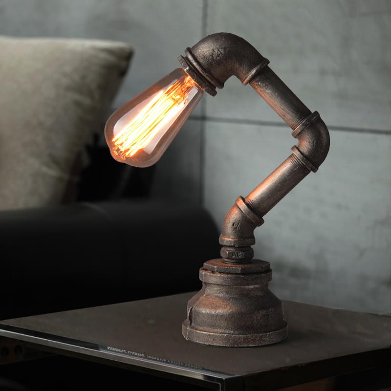 Industrial Water Pipe Table Light With Exposed Bulb - Wrought Iron Mini Standing Lamp In Bronze
