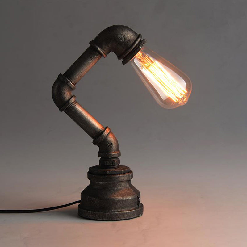 Industrial Water Pipe Table Light With Exposed Bulb - Wrought Iron Mini Standing Lamp In Bronze