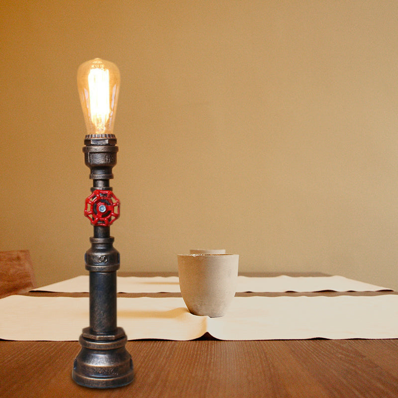 Industrial Bronze Metallic Plumbing Pipe Table Light With Open Bulb And Valve