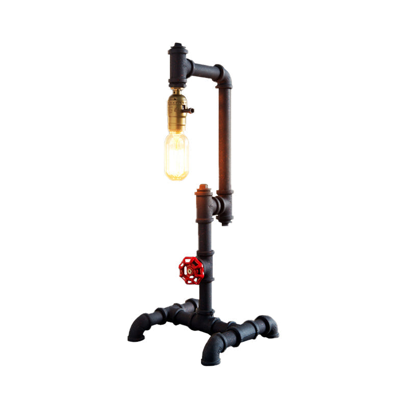 Industrial Style Metallic Table Light With Red Valve: 1-Light Standing Pipe Design In Dark Rust For