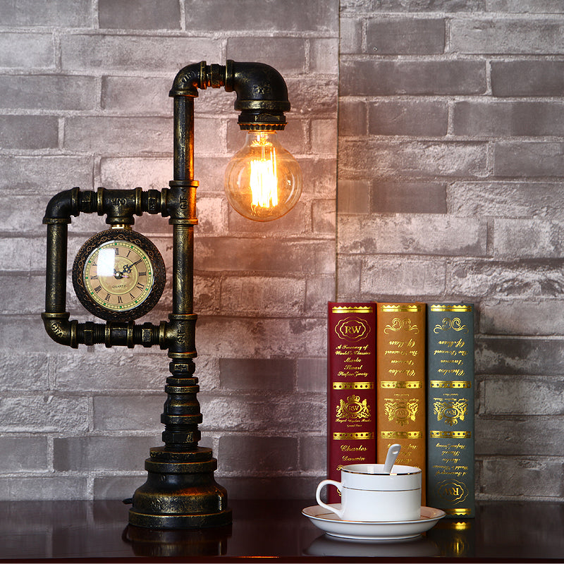 Rustic Wrought Iron Water Pipe Table Lamp With Clock - Brass 1 Head Light