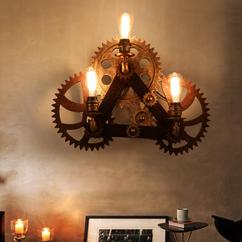 Rustic Metal Wall Sconce Lighting - 3 Bulbs Gear Light Fixture For Coffee Shop Rust