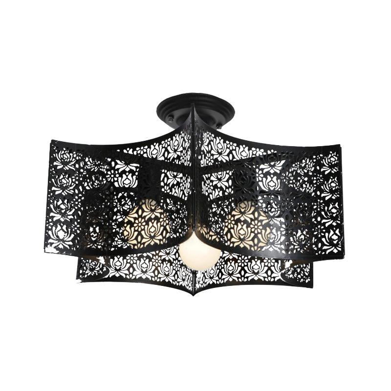 Floral Etched Black Ceiling Flush: Elegant Iron Semi Mount Lighting For Rural Living Room - 3 Lights