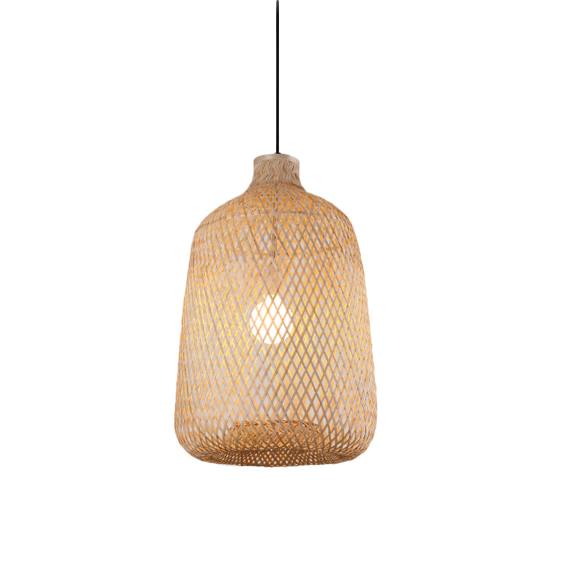Bamboo Pendant Lamp - 1-Light Beige Suspension Fixture For Dining Room / D
