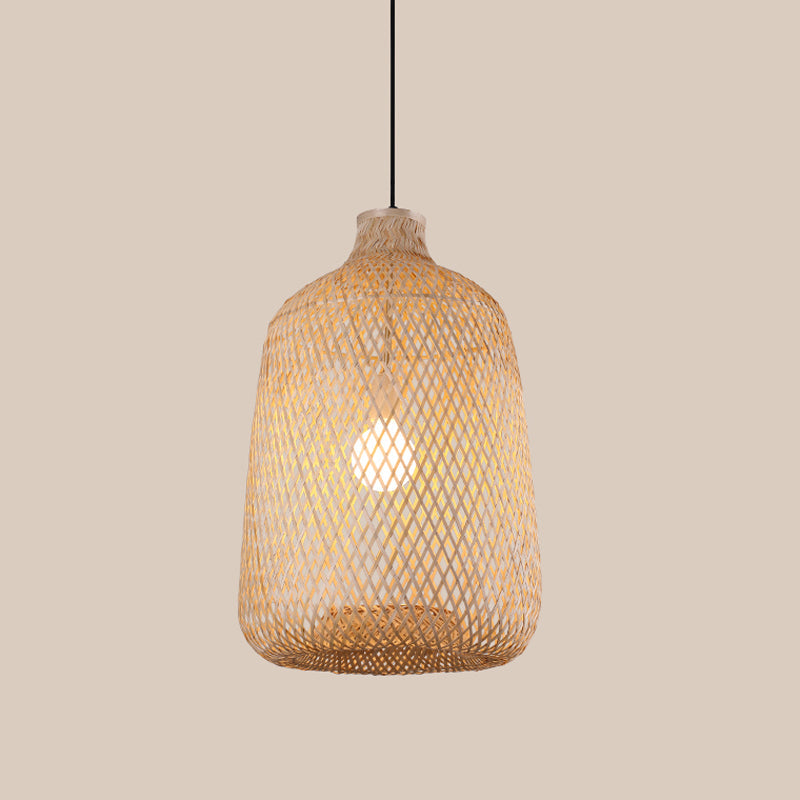 Bamboo Pendant Lamp - 1-Light Beige Suspension Fixture For Dining Room