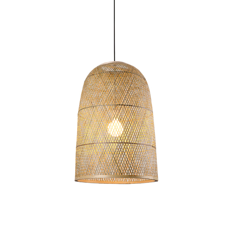 Bamboo Pendant Lamp - 1-Light Beige Suspension Fixture For Dining Room / E