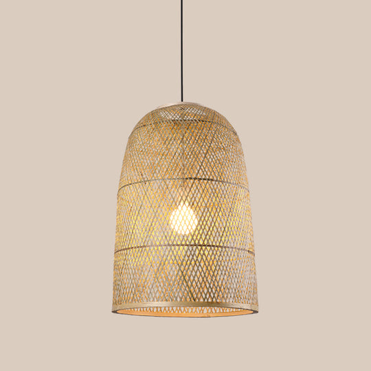 Bamboo Pendant Lamp - 1-Light Beige Suspension Fixture For Dining Room