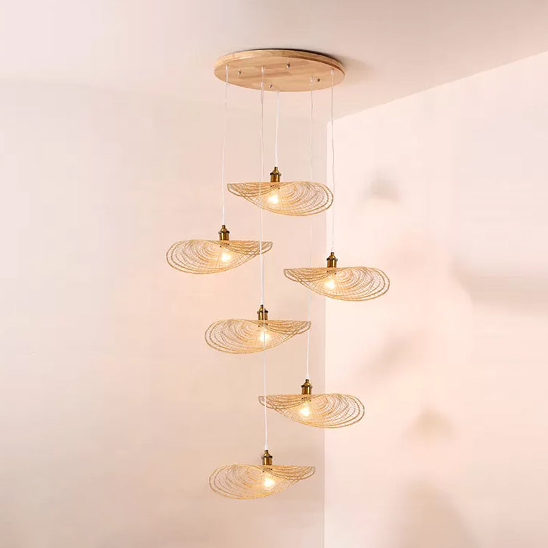 Chinese Style Lotus Leaf Pendant Light with Bamboo Shade - 1/3/6-Light - Beige - 14"/16.5"/19.5" Wide