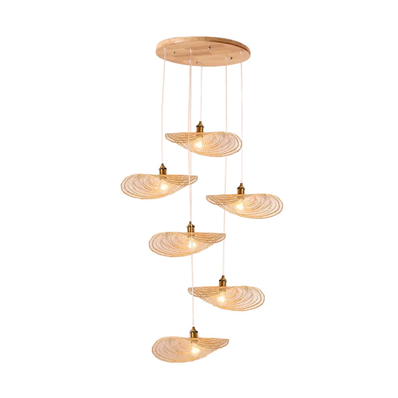 Chinese Style Lotus Leaf Pendant Light with Bamboo Shade - 1/3/6-Light - Beige - 14"/16.5"/19.5" Wide