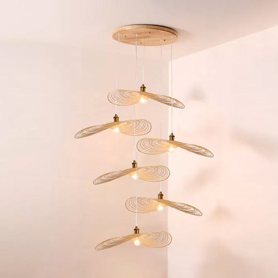 Chinese Lotus Pendant Light With Bamboo Shade - Beige (1/3/6 Lights 14-19.5 Width) 6 / 16.5