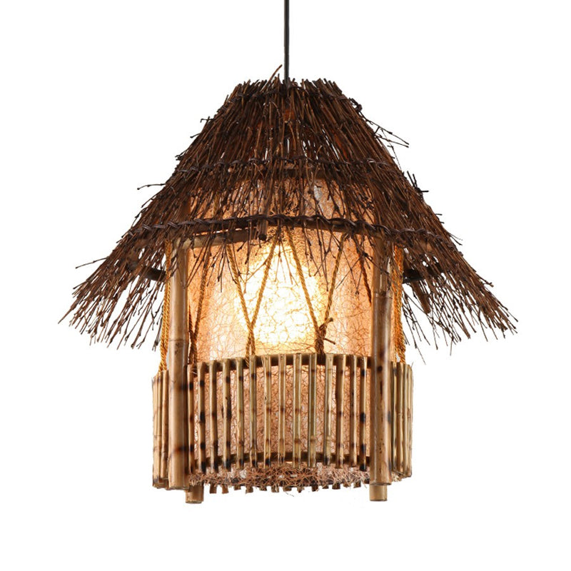 Rustic Bamboo House Pendant Light Tearoom Ceiling Fixture In Brown