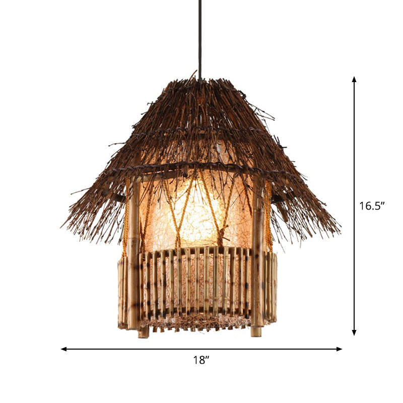 Rustic House Shaped Pendant Lighting: Bamboo Tearoom Ceiling Light in Brown