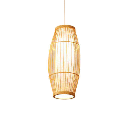 Asian Bamboo Hanging Pendant Light - Elliptical Design, Beige, 1 Bulb - Perfect for Living Room, Small/Medium/Large Ceiling