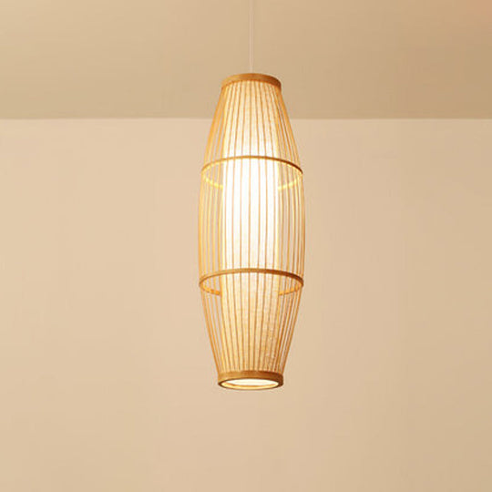 Asian Bamboo Elliptical Pendant Light - Beige Ceiling Lamp With 1 Bulb For Living Room