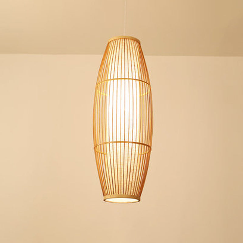 Asian Bamboo Elliptical Pendant Light - Beige Ceiling Lamp With 1 Bulb For Living Room