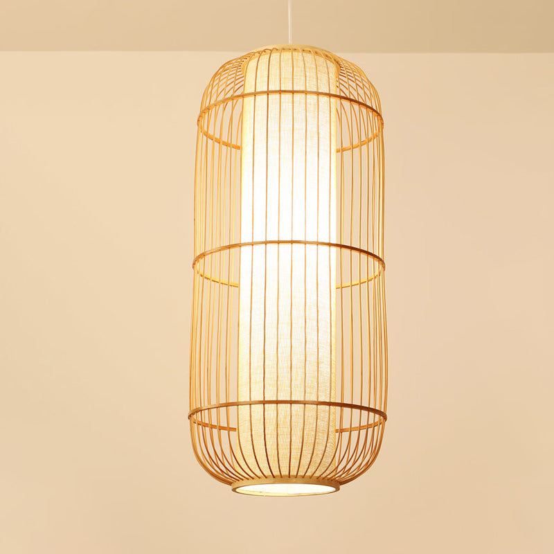 Asian Bamboo Hanging Pendant Light - Elliptical Design, Beige, 1 Bulb - Perfect for Living Room, Small/Medium/Large Ceiling