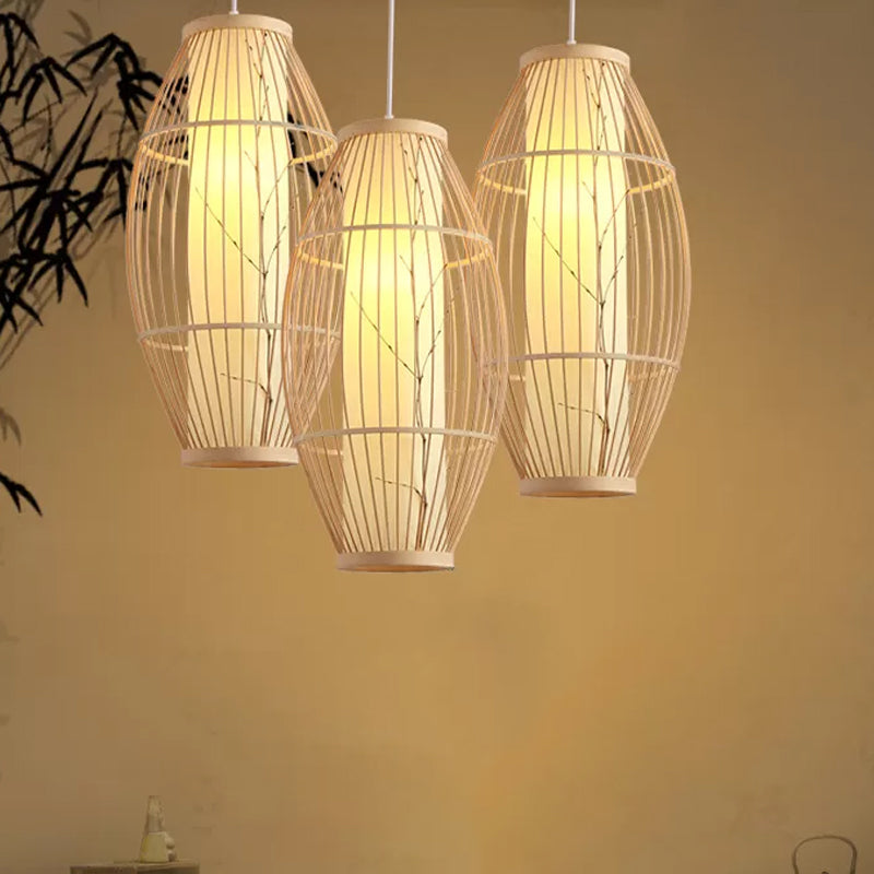 Bamboo Shade Asian Pendant Light Fixture - Beige Oval Ceiling Lamp 3 Sizes Available / 14