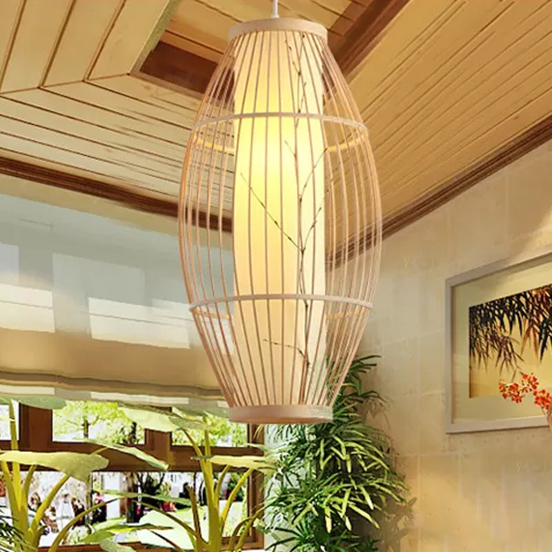 Beige Asian Pendant Light Fixture with Bamboo Shade - 14"/19.5"/31.5" Wide