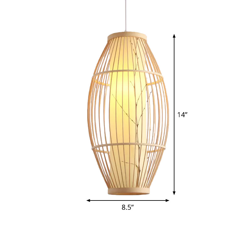 Bamboo Shade Asian Pendant Light Fixture - Beige Oval Ceiling Lamp 3 Sizes Available