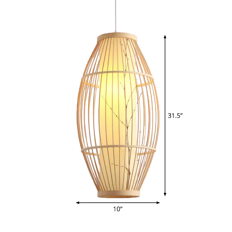 Bamboo Shade Asian Pendant Light Fixture - Beige Oval Ceiling Lamp 3 Sizes Available