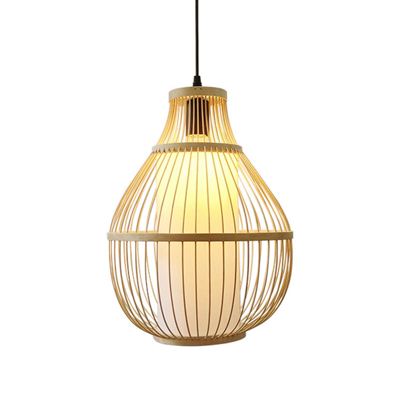 Contemporary Teardrop Bamboo Pendant Light for Dining Room - 1-Head Beige Ceiling Hang