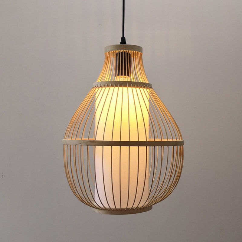 Contemporary Teardrop Bamboo Pendant Light for Dining Room - 1-Head Beige Ceiling Hang