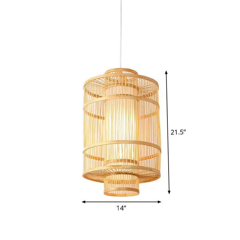Asian Style Bamboo Pendant with Diamond, Drum, and Barrel Drops - 1-Light Hanging Light Kit for Restaurants in Beige