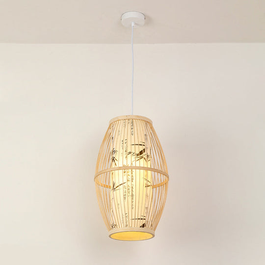 Asian Bamboo Pendant Hanging Light Kit - Diamond/Drum/Barrel Drop Design 1-Light Beige / A