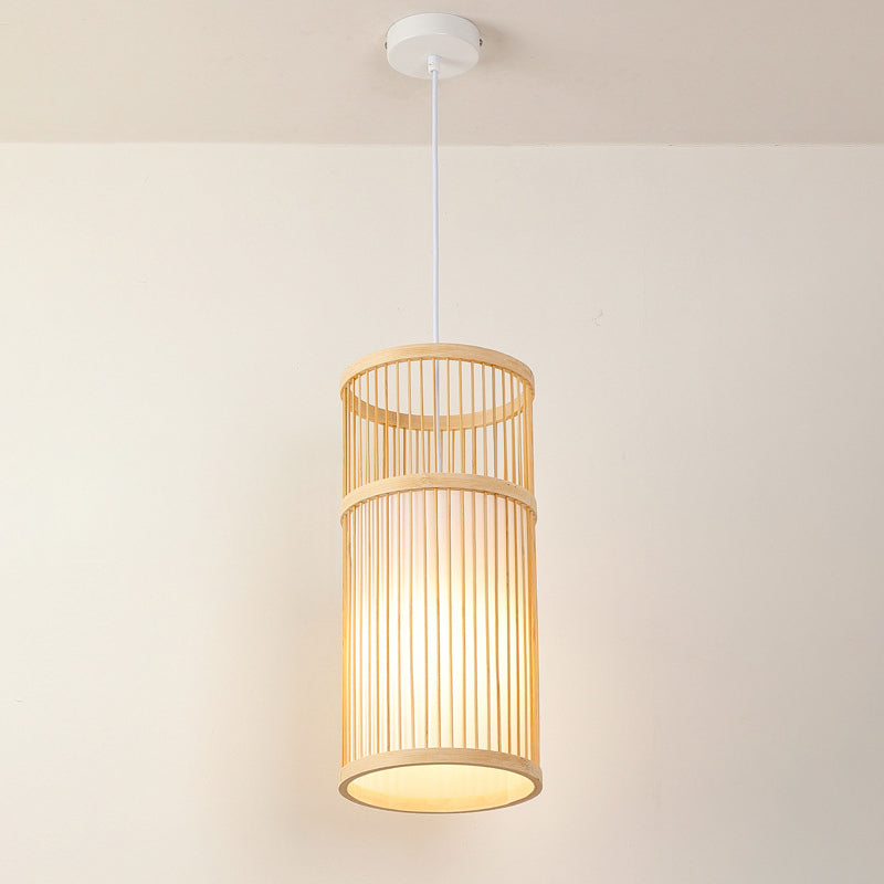 Asian Bamboo Pendant Hanging Light Kit - Diamond/Drum/Barrel Drop Design 1-Light Beige / D